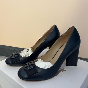 Tory Burch Black Leather Heels with Logo Accent